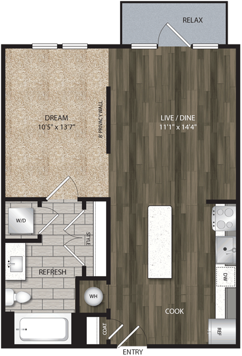 Floor plan for studio, 1 bath, 616 sqft