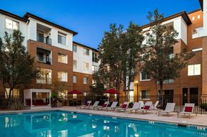 Denver apartment for rent - A swimming pool is surrounded by lounge chairs and umbrellas in front of apartment buildings.