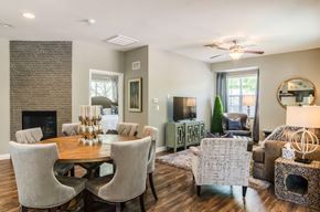 Superior apartment for rent - A living room with a fireplace and a dining table.