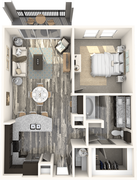Floor plan for 1 bed, 1 bath, 808 sqft