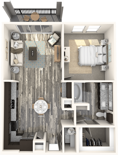 Floor plan for 1 bed, 1 bath, 808 sqft