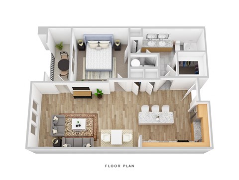 Floor plan for 1 bed, 1 bath, 834 sqft