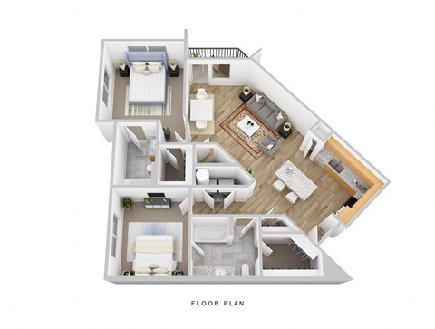 Floor plan for 2 beds, 2 baths, 1057 sqft