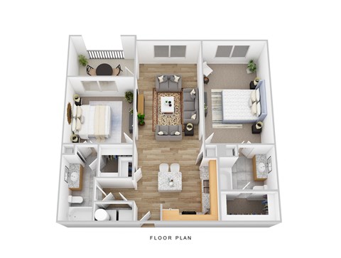 Floor plan for 2 beds, 2 baths, 1076 sqft
