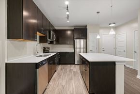 Sandy Springs apartment for rent - A modern kitchen with dark brown cabinets and a white countertop.
