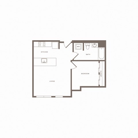 Floor plan for 1 bed, 1 bath, 614 sqft