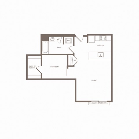 Floor plan for 1 bed, 1 bath, 690 sqft