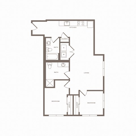Floor plan for 2 beds, 2 baths, 977 sqft