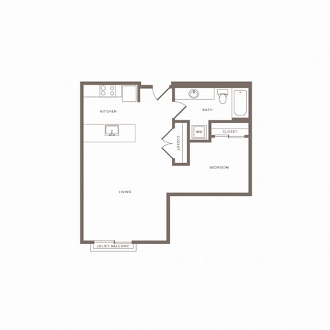 Floor plan for studio, 1 bath, 658 sqft