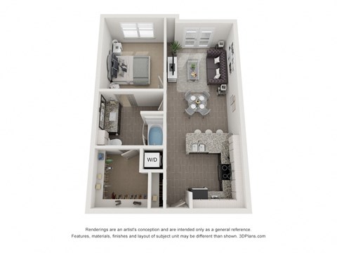 Floor plan for 1 bed, 1 bath, 651 sqft