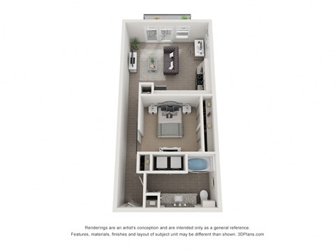 Floor plan for 1 bed, 1 bath, 658 sqft