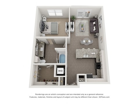 Floor plan for 1 bed, 1 bath, 715 sqft