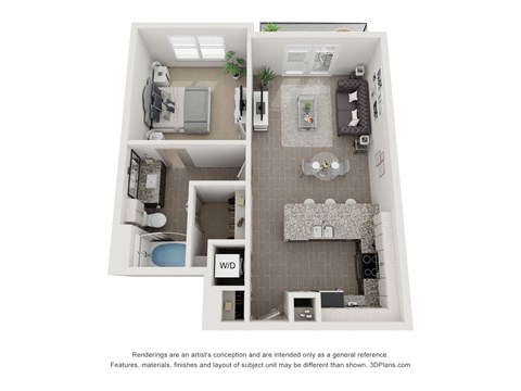 Floor plan for 1 bed, 1 bath, 741 sqft