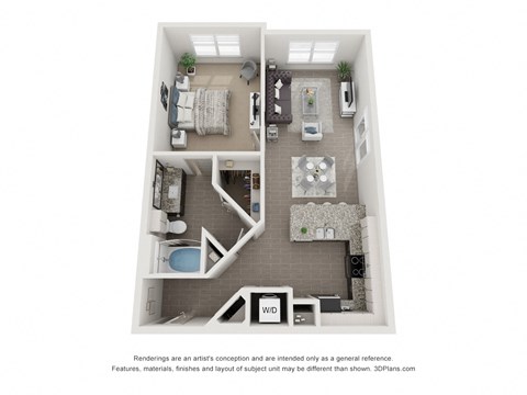 Floor plan for 1 bed, 1 bath, 847 sqft
