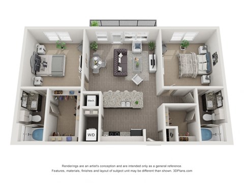 Floor plan for 2 beds, 2 baths, 1160 sqft