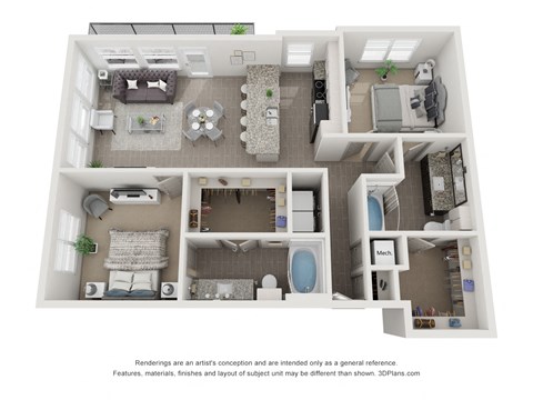 Floor plan for 2 beds, 2 baths, 1167 sqft