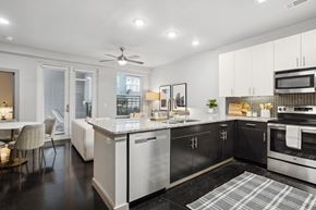 Dallas apartment for rent - an open kitchen and living room with a large counter top