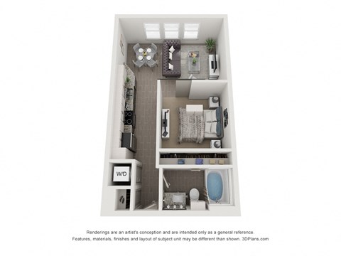 Floor plan for studio, 1 bath, 676 sqft