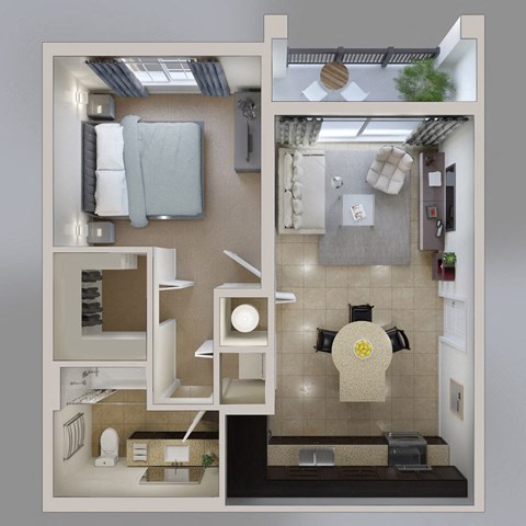 Floor plan for 1 bed, 1 bath, 635 sqft