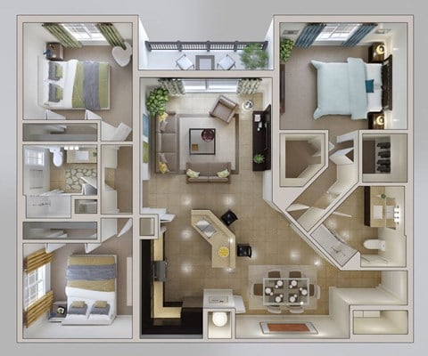 Floor plan for 3 beds, 2 baths, 1436 sqft