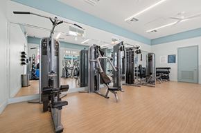 Miami apartment for rent - A gym with a variety of equipment including treadmills, weights, and exercise machines.