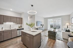 Lafayette apartment for rent - A modern kitchen with wooden cabinets and a marble countertop.