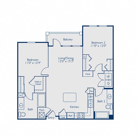 Floor plan for 2 beds, 2 baths, 1088 sqft
