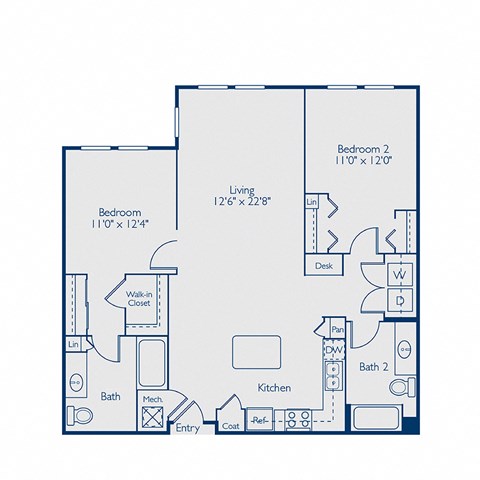 Floor plan for 2 beds, 2 baths, 1184 sqft