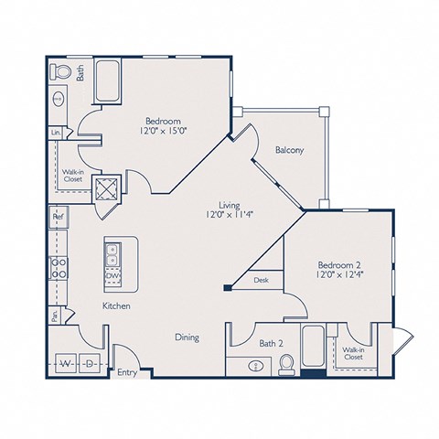 Floor plan for 2 beds, 2 baths, 1129 sqft