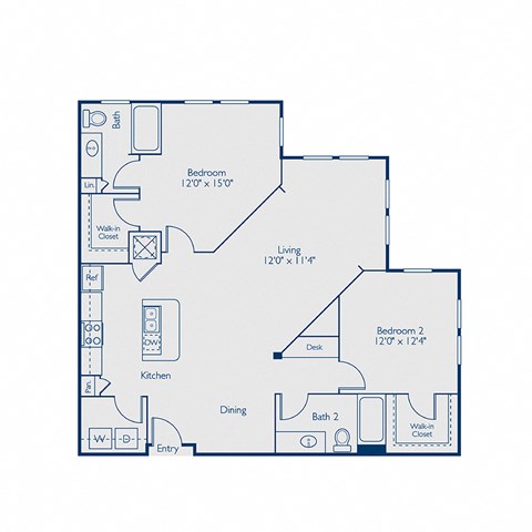 Floor plan for 2 beds, 2 baths, 1232 sqft