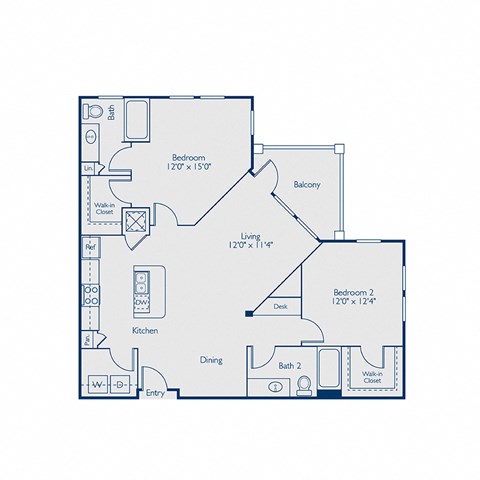 Floor plan for 2 beds, 2 baths, 1140 sqft