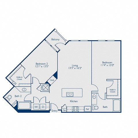 Floor plan for 2 beds, 2 baths, 1173 sqft