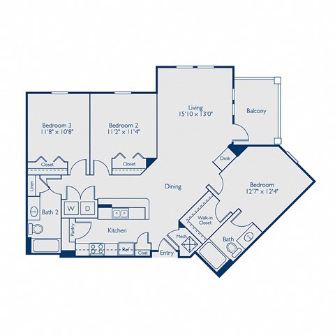 Floor plan for 3 beds, 2 baths, 1287 sqft