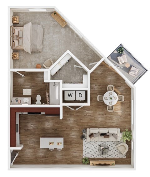 Floor plan for 1 bed, 1 bath, 894 sqft