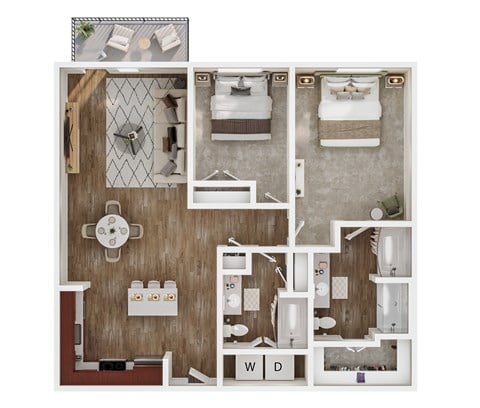 Floor plan for 2 beds, 2 baths, 1170 sqft
