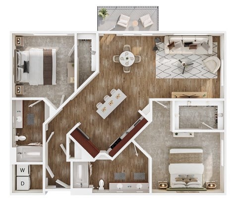 Floor plan for 2 beds, 2 baths, 1268 sqft