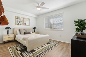 Palm Harbor apartment for rent - a bedroom with a bed and a ceiling fan