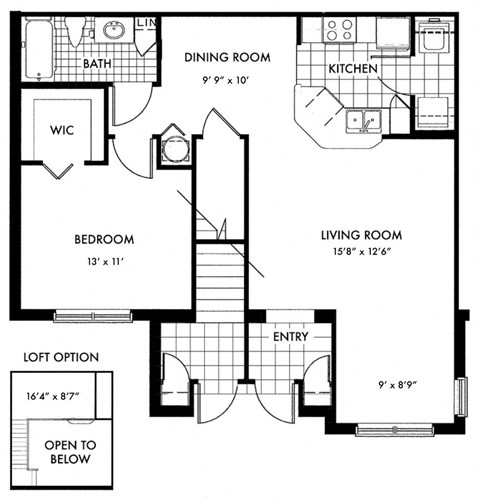 Floor plan for 1 bed, 1 bath, 905 sqft