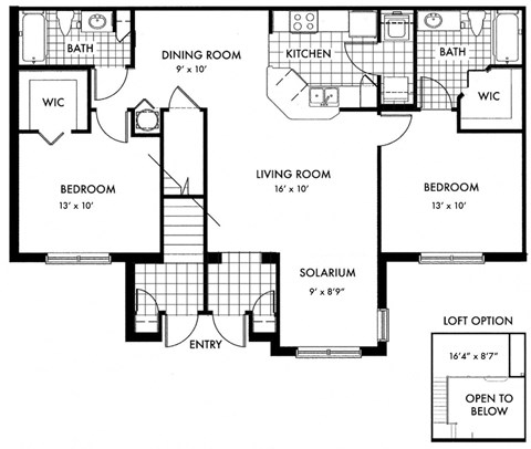 Floor plan for 2 beds, 2 baths, 1375 sqft