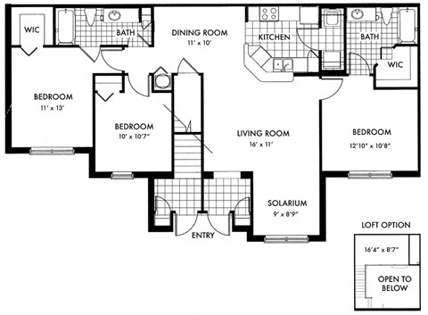 Floor plan for 3 beds, 2 baths, 1382 sqft