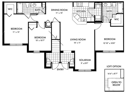 Floor plan for 3 beds, 2 baths, 1541 sqft