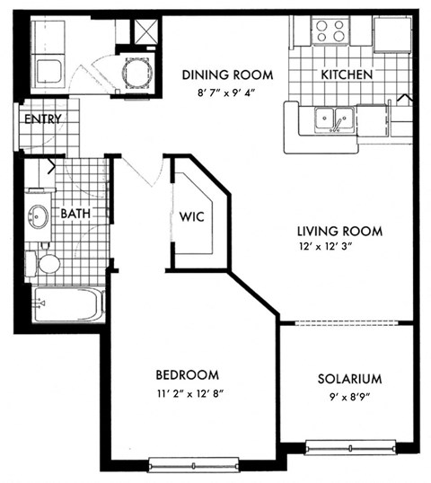 Floor plan for 1 bed, 1 bath, 800 sqft