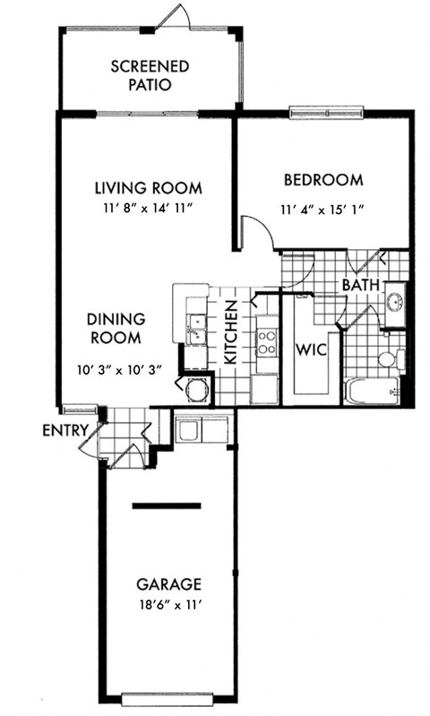 Floor plan for 1 bed, 1 bath, 963 sqft