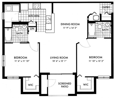 Floor plan for 2 beds, 2 baths, 1153 sqft