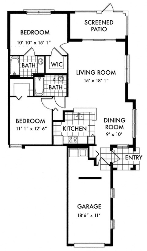 Floor plan for 2 beds, 2 baths, 1181 sqft