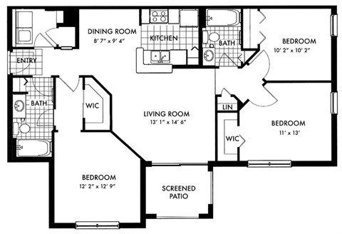 Floor plan for 3 beds, 2 baths, 1230 sqft