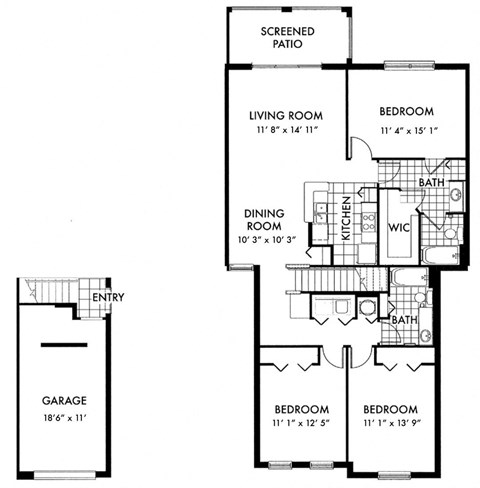 Floor plan for 3 beds, 2 baths, 783 sqft