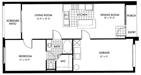 Floor plan for 1 bed, 1 bath, 935 sqft
