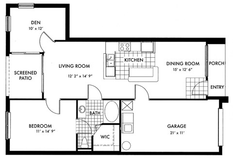 Floor plan for 1 bed, 1 bath, 1059 sqft