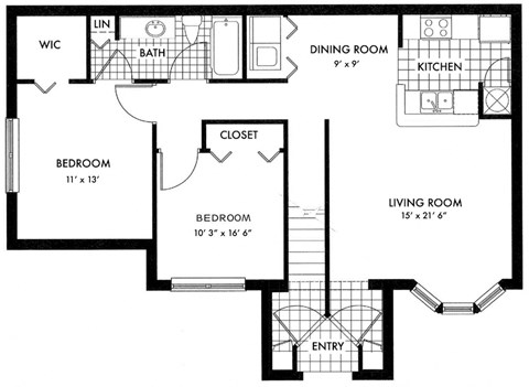 Floor plan for 2 beds, 1 bath, 1014 sqft